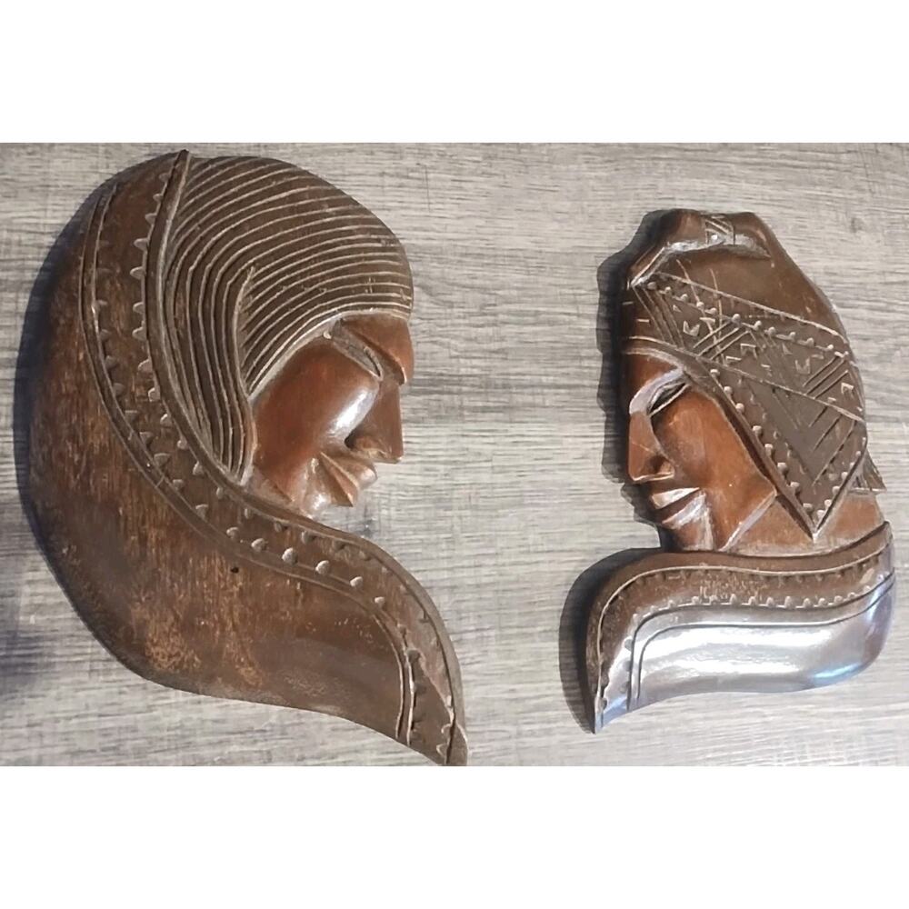 Wood Handmade Native Peruvian Man & Women Art Wall Hanging Sculptures 6" x 8"